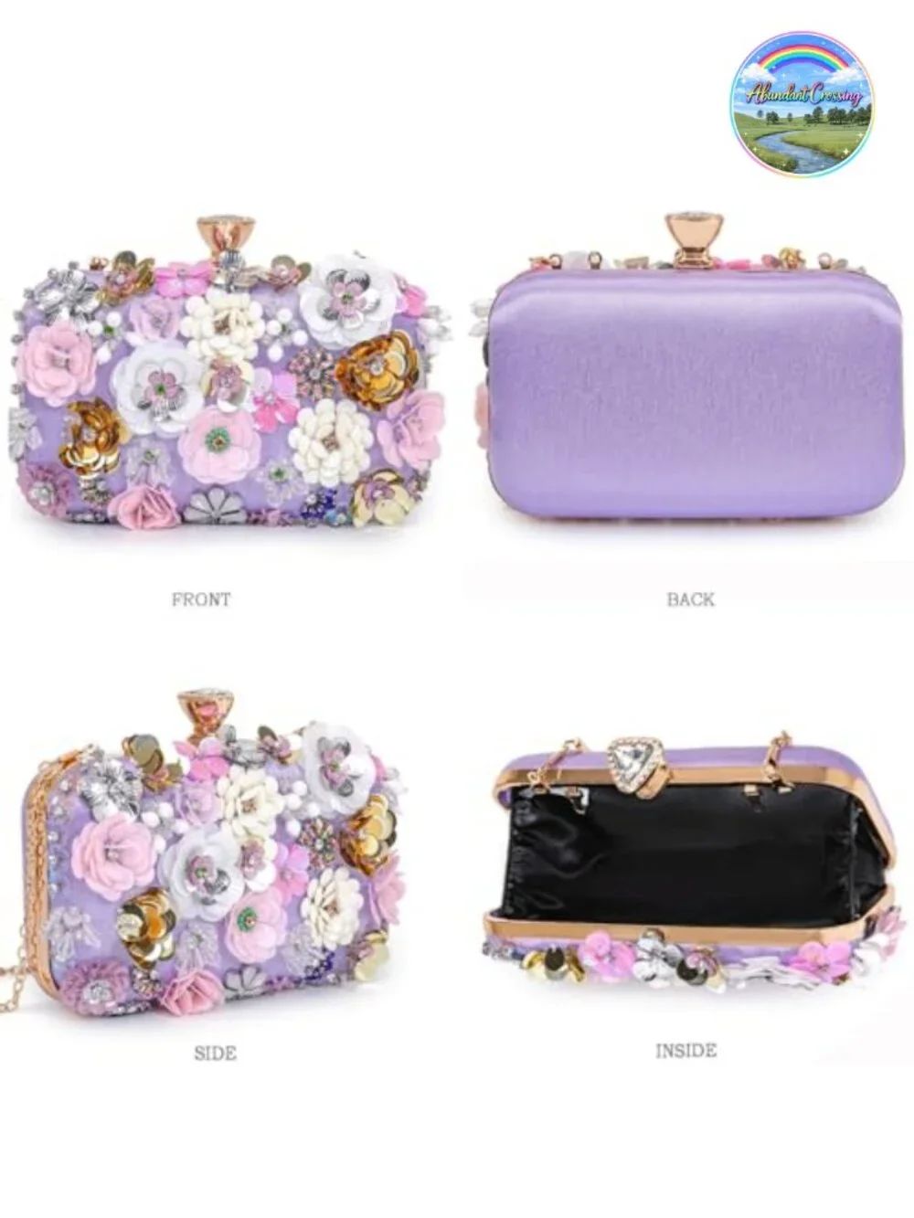 Sequin PU Leather Evening Clutch with 3D Flowers and Chain Strap